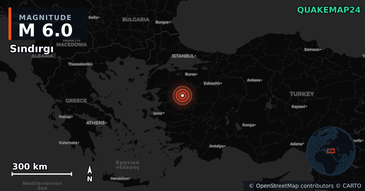 M6.0 earthquake near Sındırgı on Oct 27, 2025 — map of epicenter and shaking intensity | QuakeMap24
