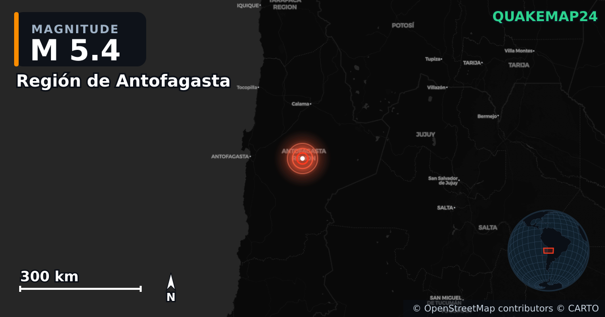 M5.4 earthquake near Región de Antofagasta on Sep 24, 2025 — map of epicenter and shaking intensity | QuakeMap24