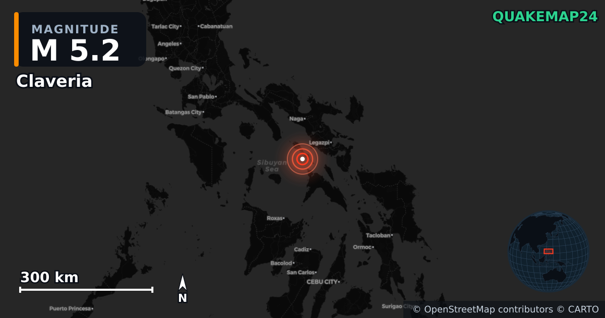M5.2 earthquake near Claveria on Jul 14, 2026 — map of epicenter and shaking intensity | QuakeMap24