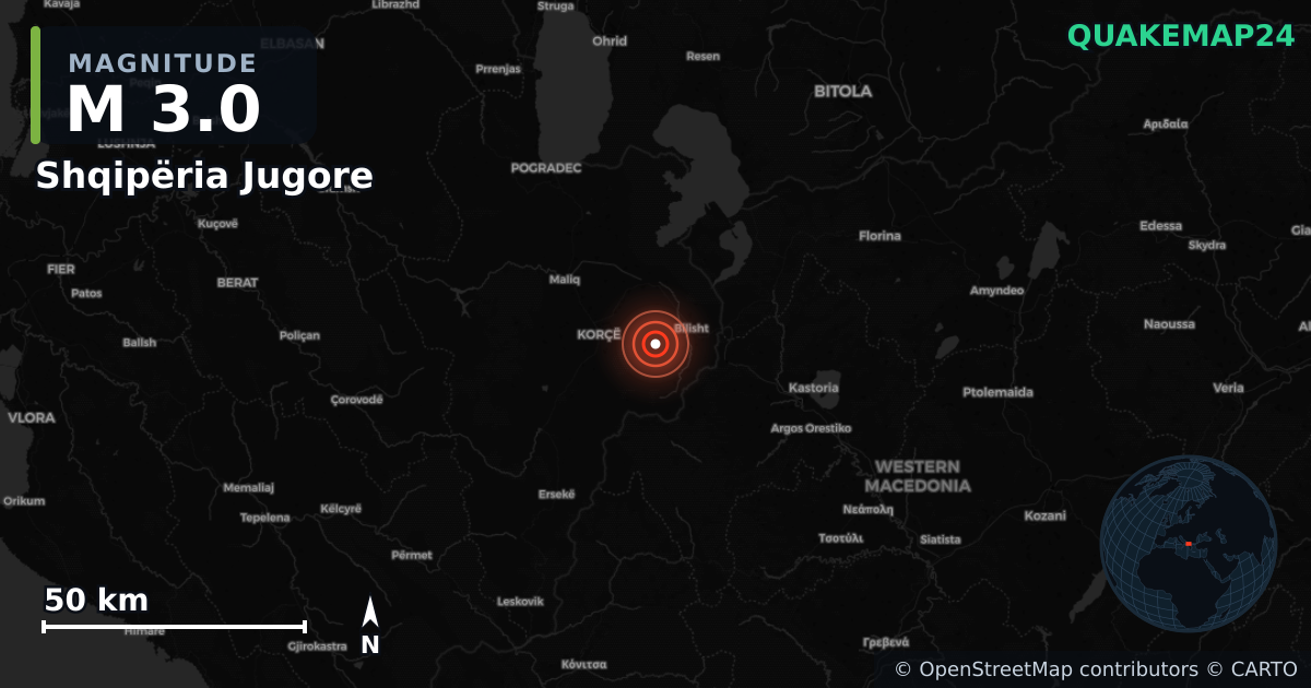 M3.0 earthquake near Shqipëria Jugore on Oct 22, 2025 — map of epicenter and shaking intensity | QuakeMap24