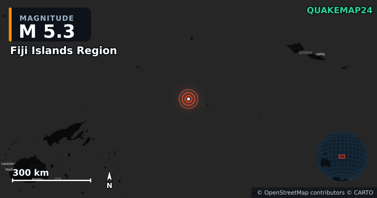 M5.3 earthquake near Fiji Islands Region on Jun 13, 2025 — map of epicenter and shaking intensity | QuakeMap24