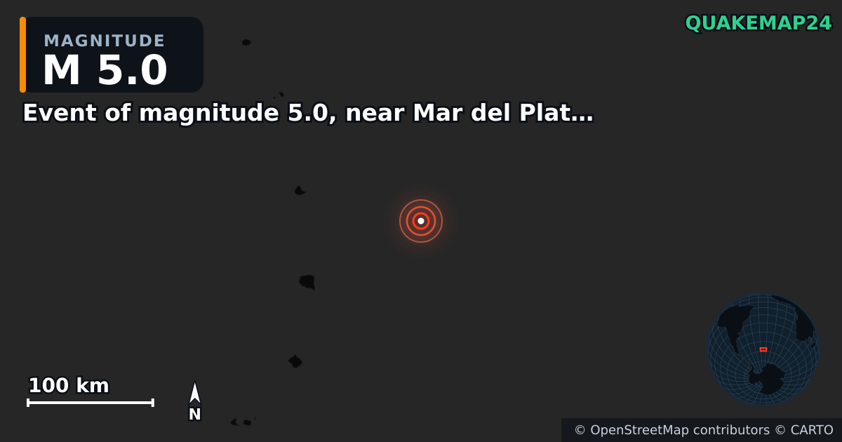M5.0 earthquake near Event of magnitude 5.0, near Mar del Plata (Monde) on Jun 20, 2026 — map of epicenter and shaking intensity | QuakeMap24