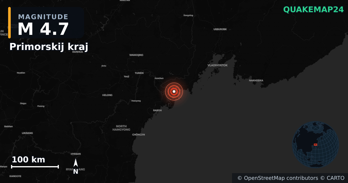 M4.7 earthquake near Primorskij kraj on Dec 16, 2025 — map of epicenter and shaking intensity | QuakeMap24