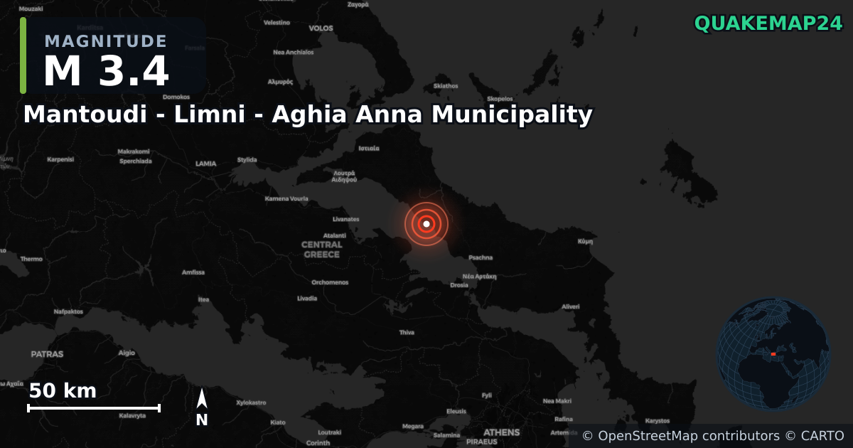 M3.4 earthquake near Mantoudi - Limni - Aghia Anna Municipality on Jun 20, 2026 — map of epicenter and shaking intensity | QuakeMap24