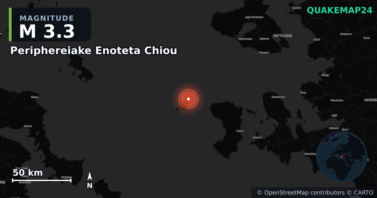 M3.3 earthquake near Periphereiake Enoteta Chiou on Aug 29, 2025 — map of epicenter and shaking intensity | QuakeMap24