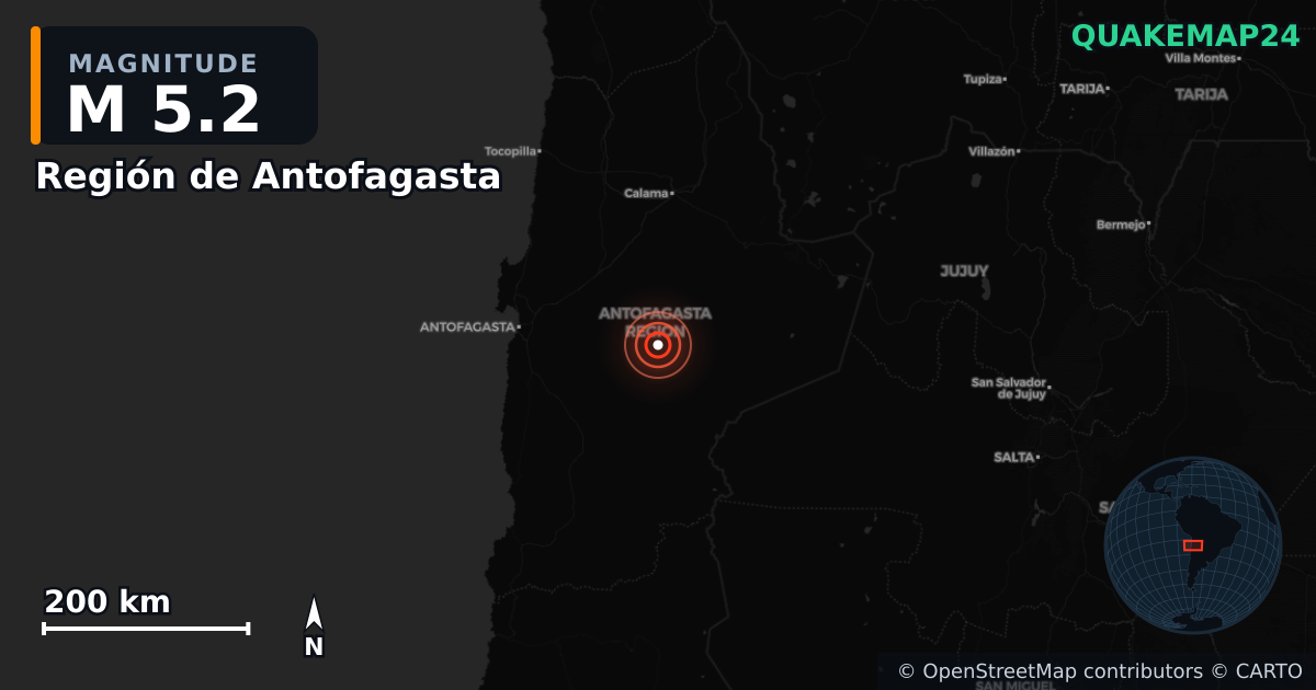 M5.2 earthquake near Región de Antofagasta on Sep 24, 2025 — map of epicenter and shaking intensity | QuakeMap24