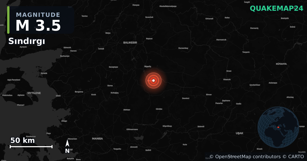 M3.5 earthquake near Sındırgı on Oct 28, 2025 — map of epicenter and shaking intensity | QuakeMap24