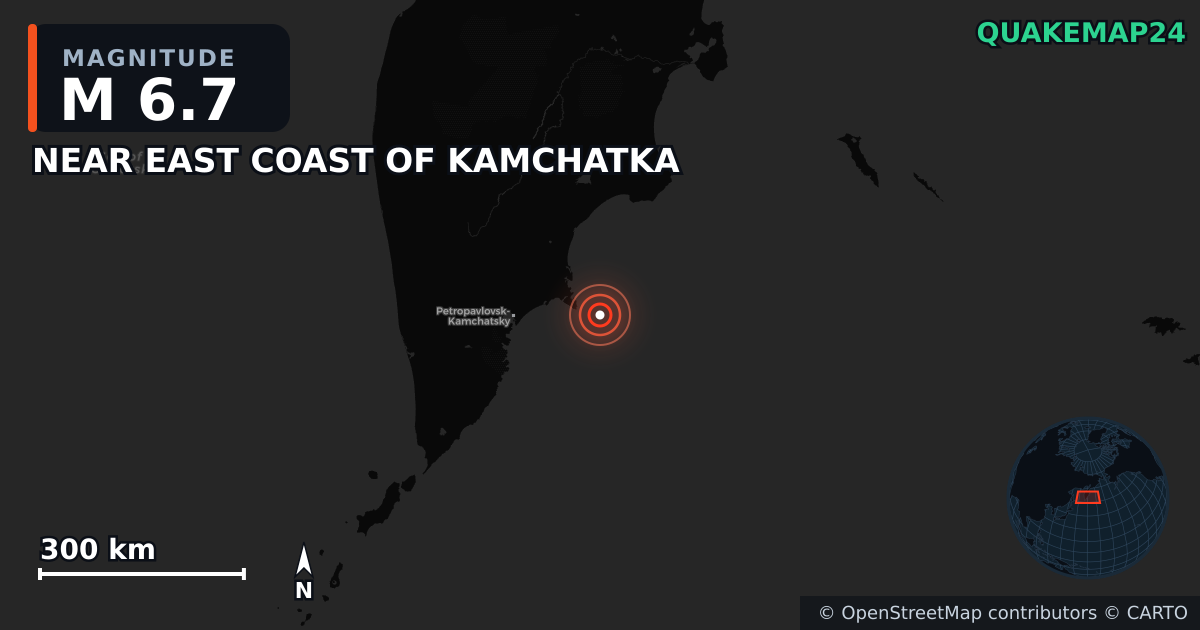 M6.7 earthquake near NEAR EAST COAST OF KAMCHATKA on Jul 20, 2025 — map of epicenter and shaking intensity | QuakeMap24