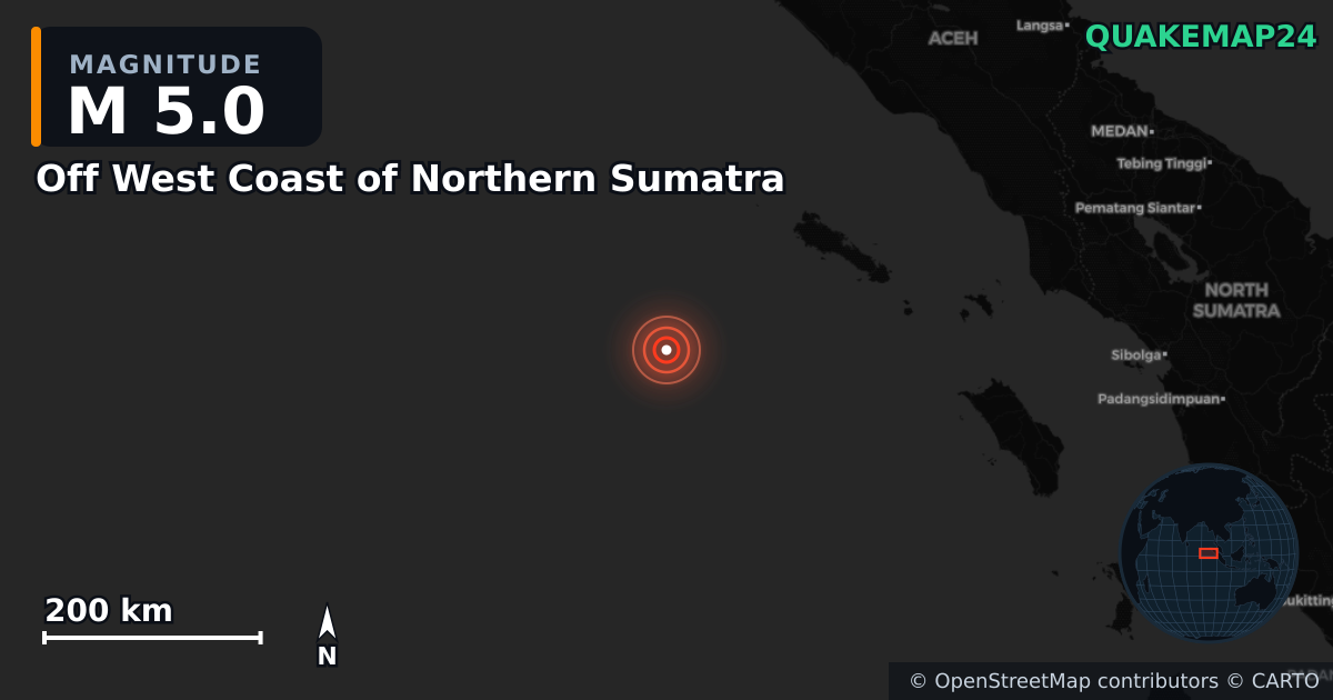 Erdbeben M5,0 bei Off West Coast of Northern Sumatra — Karte der Lage des Epizentrums