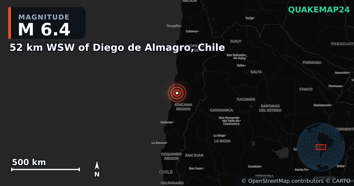 M6.4 earthquake near 52 km WSW of Diego de Almagro, Chile on Jun 6, 2025 — map of epicenter and shaking intensity | QuakeMap24