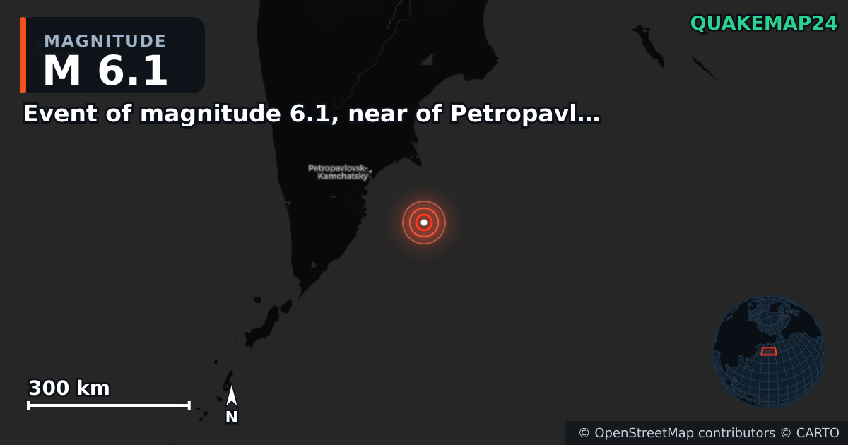M6.1 earthquake near Event of magnitude 6.1, near of Petropavlovsk Kamchatskiy (Monde) on Nov 4, 2025 — map of epicenter and shaking intensity | QuakeMap24