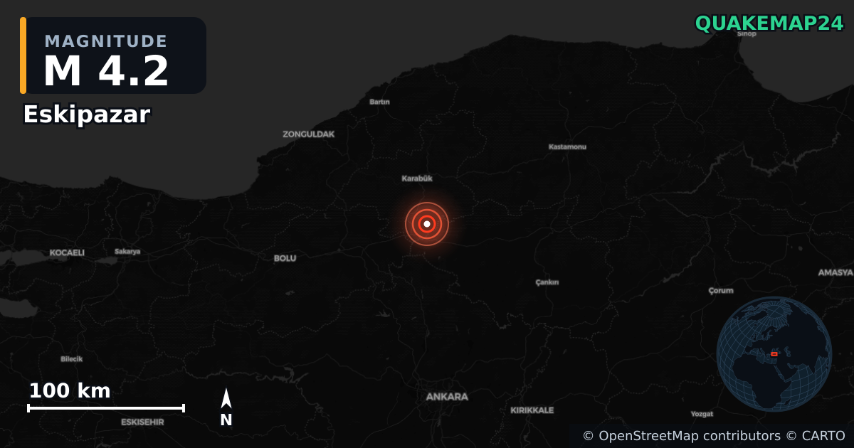 M4.2 earthquake near Eskipazar on Dec 2, 2025 — map of epicenter and shaking intensity | QuakeMap24