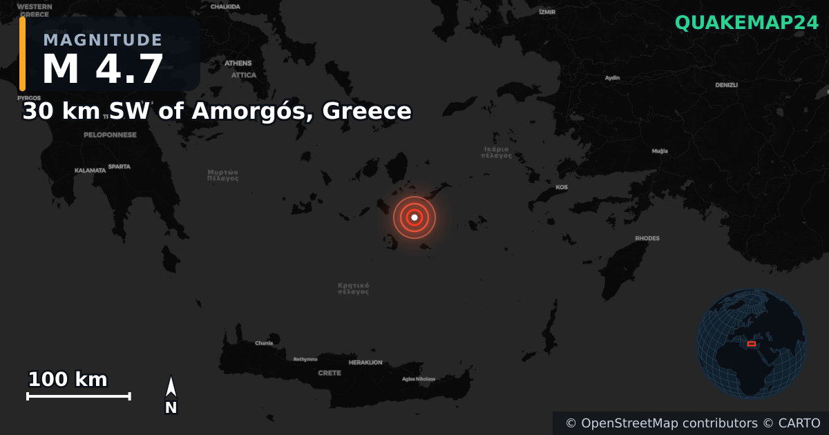 M4.7 earthquake near 30 km SW of Amorgós, Greece on Feb 4, 2025 — map of epicenter and shaking intensity | QuakeMap24