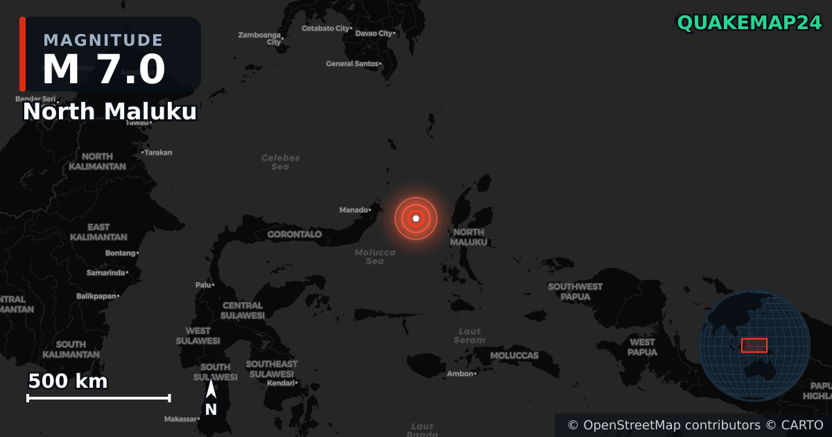 M7.0 earthquake near North Maluku on Apr 1, 2026 — map of epicenter and shaking intensity | QuakeMap24