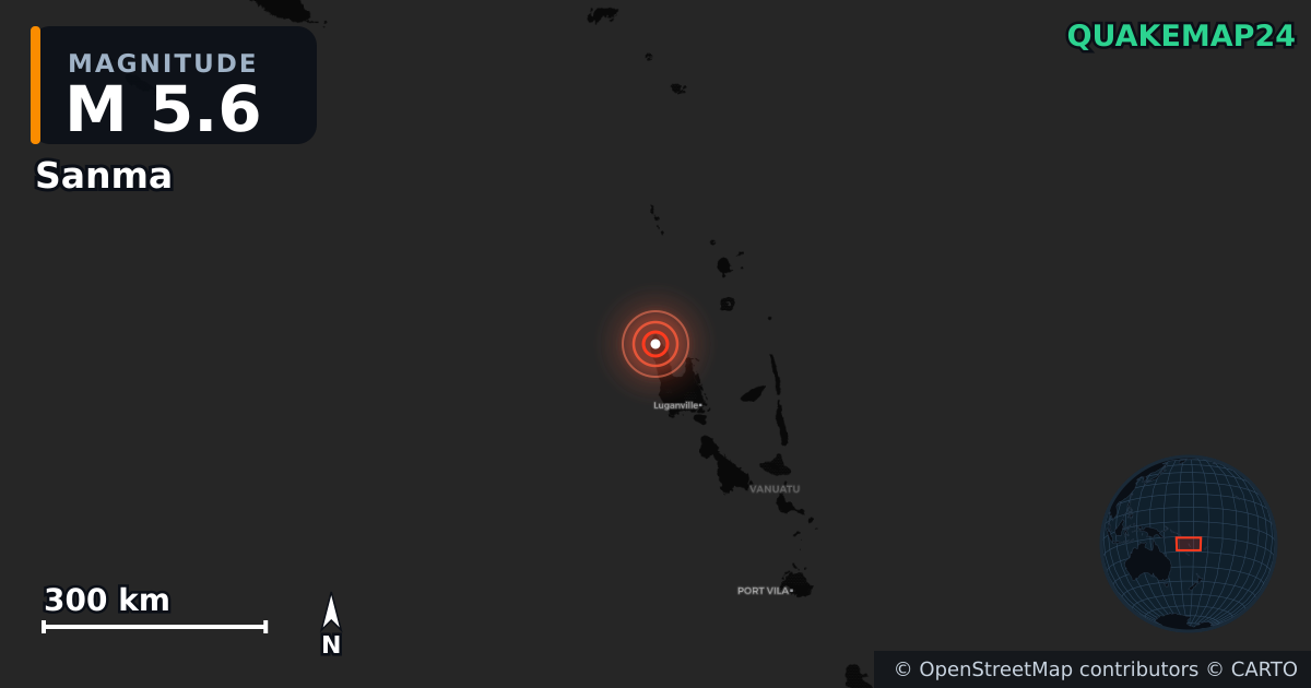 M5.6 earthquake near Sanma on Dec 7, 2025 — map of epicenter and shaking intensity | QuakeMap24