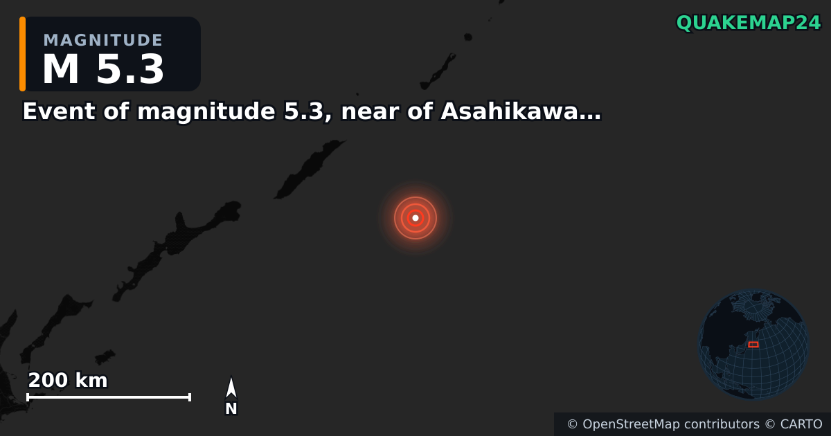 M5.3 earthquake near Event of magnitude 5.3, near of Asahikawa (Monde) on Oct 3, 2025 — map of epicenter and shaking intensity | QuakeMap24