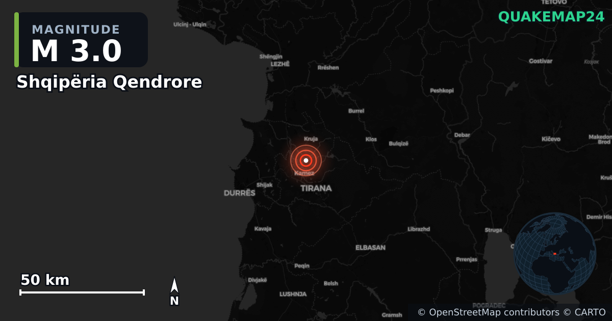 M3.0 earthquake near Shqipëria Qendrore on Jun 16, 2025 — map of epicenter and shaking intensity | QuakeMap24