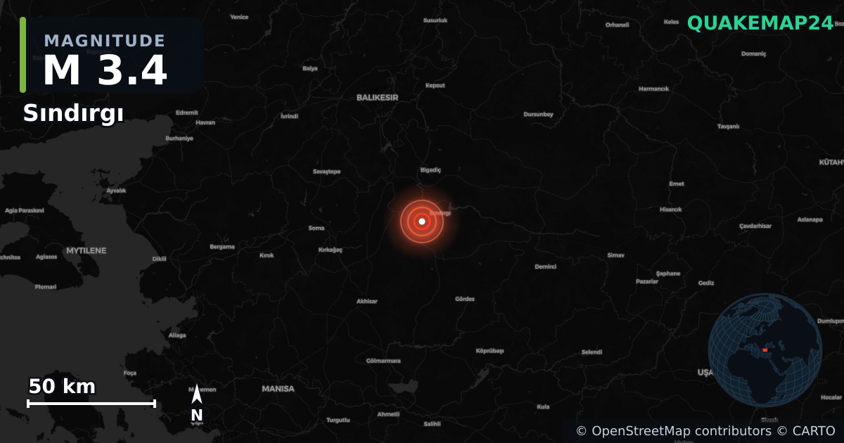 M3.4 earthquake near Sındırgı on Aug 25, 2025 — map of epicenter and shaking intensity | QuakeMap24