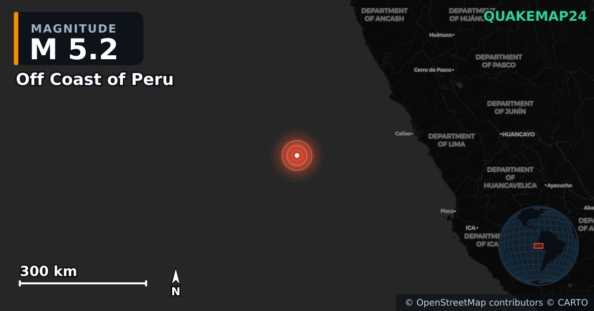M5.2 earthquake near Off Coast of Peru on Nov 14, 2025 — map of epicenter and shaking intensity | QuakeMap24