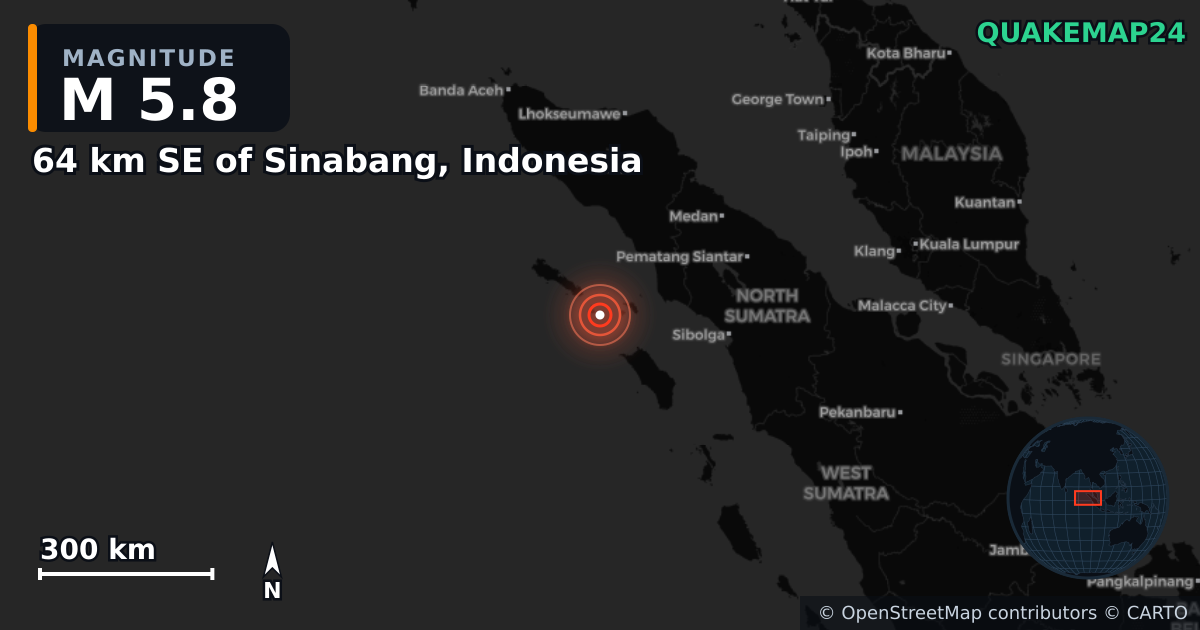 M5.8 earthquake near 64 km SE of Sinabang, Indonesia on Apr 7, 2025 — map of epicenter and shaking intensity | QuakeMap24
