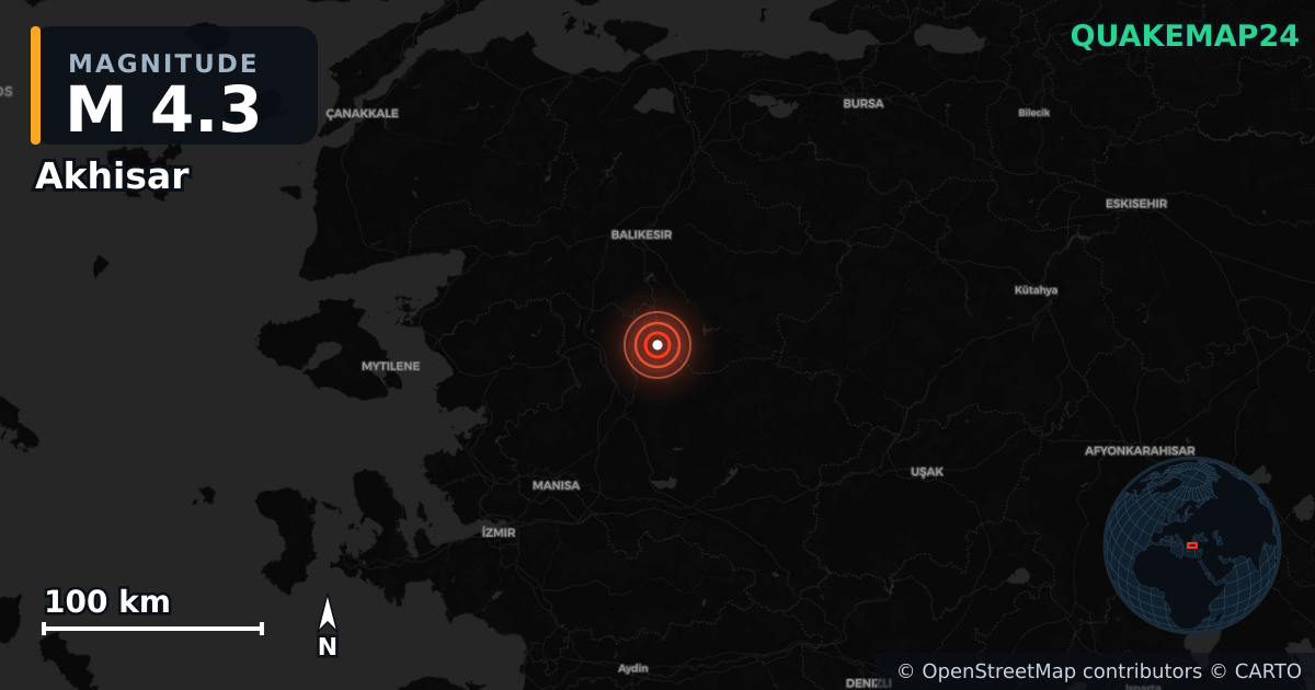 M4.3 earthquake near Akhisar on Oct 27, 2025 — map of epicenter and shaking intensity | QuakeMap24