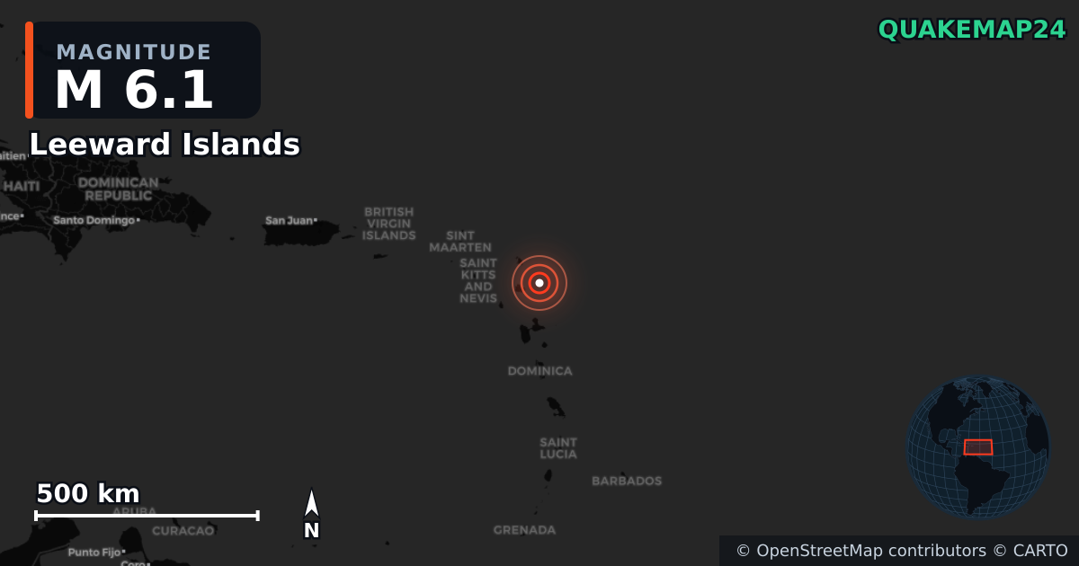 Σεισμός M6,1 κοντά στο Leeward Islands — Χάρτης της θέσης του επικέντρου