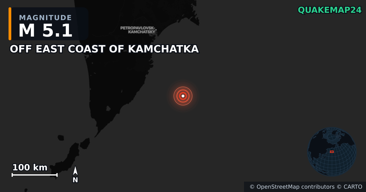 M5.1 earthquake near OFF EAST COAST OF KAMCHATKA on Aug 3, 2025 — map of epicenter and shaking intensity | QuakeMap24