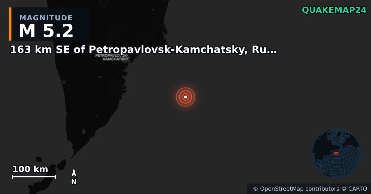 M5.2 earthquake near 163 km SE of Petropavlovsk-Kamchatsky, Russia on Jul 30, 2025 — map of epicenter and shaking intensity | QuakeMap24
