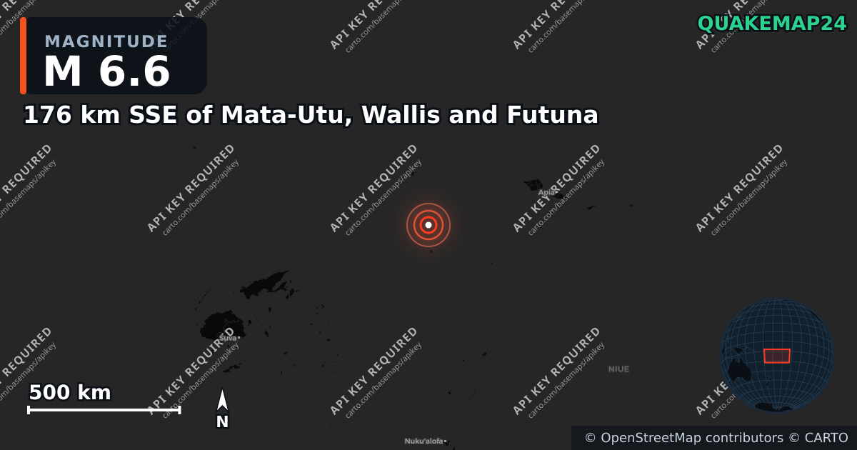 M6.6 earthquake near 176 km SSE of Mata-Utu, Wallis and Futuna on Jul 24, 2025 — map of epicenter and shaking intensity | QuakeMap24