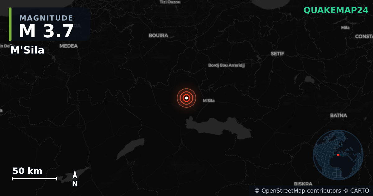 M3.7 earthquake near M'Sila on Jul 20, 2025 — map of epicenter and shaking intensity | QuakeMap24