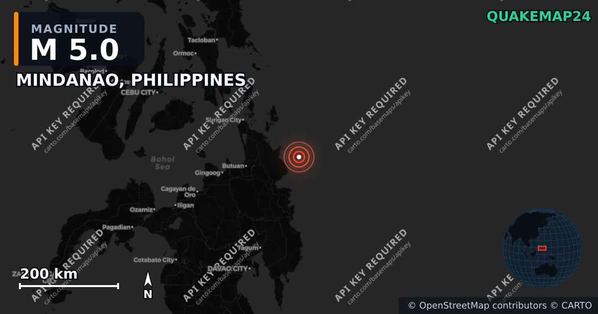 M5.0 earthquake near MINDANAO, PHILIPPINES on May 24, 2026 — map of epicenter and shaking intensity | QuakeMap24