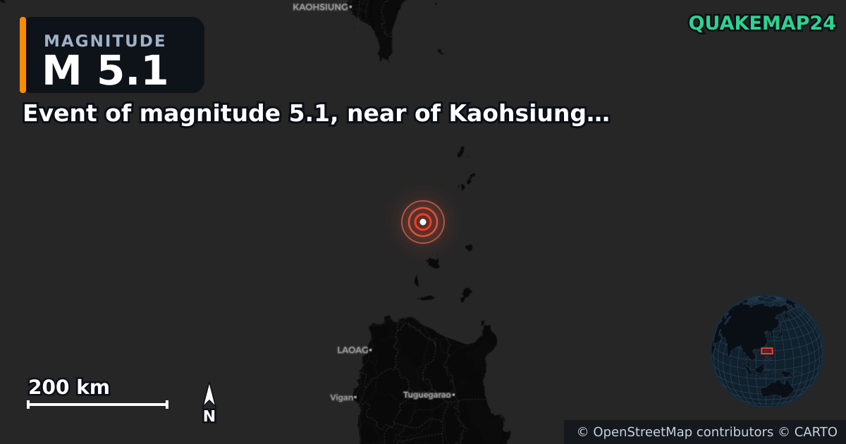 M5.1 earthquake near Event of magnitude 5.1, near of Kaohsiung (Monde) on Dec 18, 2025 — map of epicenter and shaking intensity | QuakeMap24