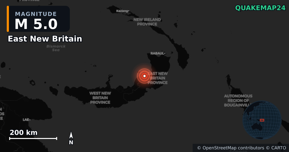 M5.0 earthquake near East New Britain on Aug 21, 2025 — map of epicenter and shaking intensity | QuakeMap24