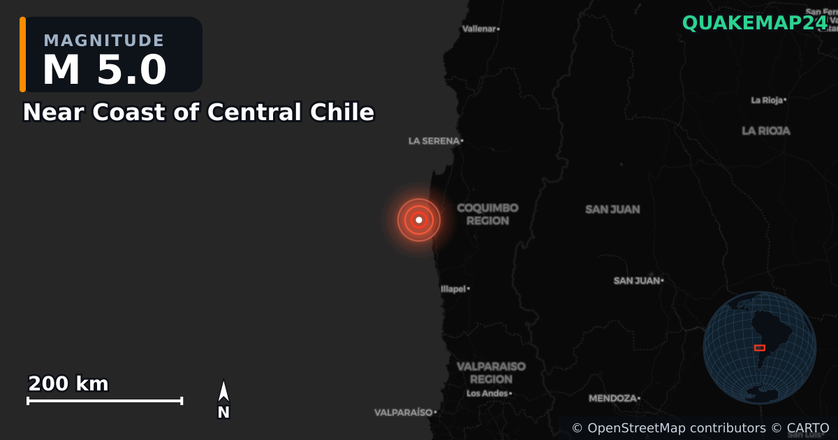 Erdbeben M5,0 bei Near Coast of Central Chile — Karte der Lage des Epizentrums