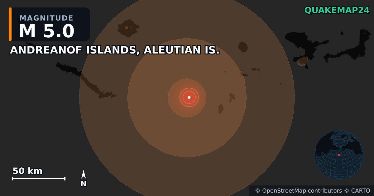 Erdbeben M5,0 bei ANDREANOF ISLANDS, ALEUTIAN IS. — Karte der Lage des Epizentrums