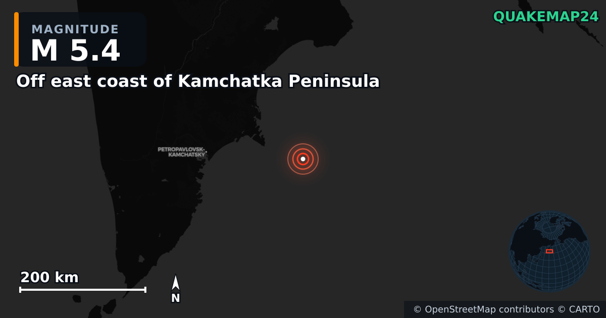 Erdbeben M5,4 bei Off east coast of Kamchatka Peninsula — Karte der Lage des Epizentrums