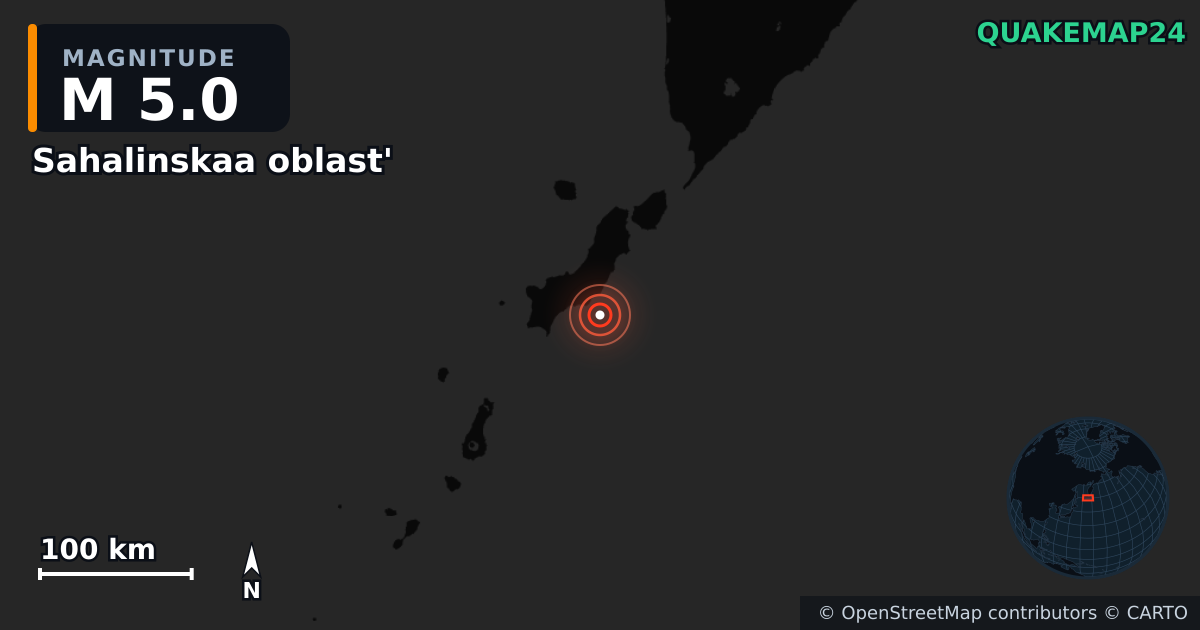 M5.0 earthquake near Sahalinskaa oblast' on Nov 3, 2025 — map of epicenter and shaking intensity | QuakeMap24