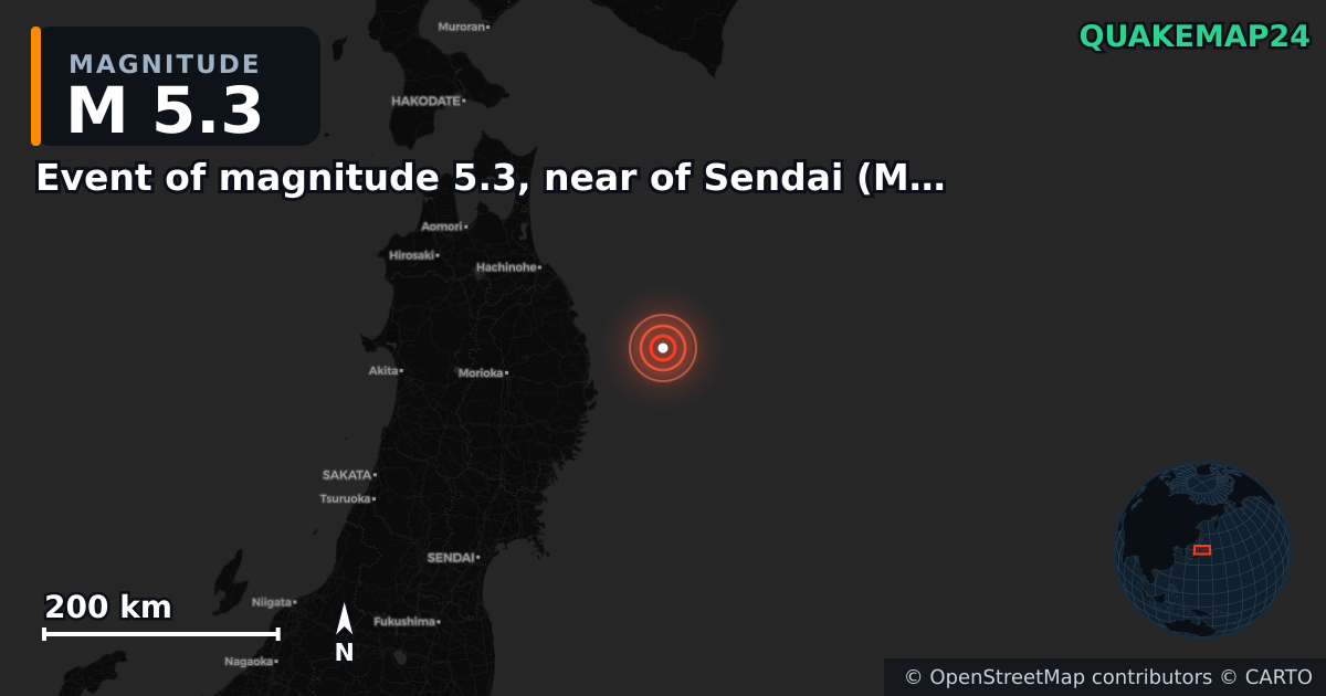 M5.3 earthquake near Event of magnitude 5.3, near of Sendai (Monde) on Nov 10, 2025 — map of epicenter and shaking intensity | QuakeMap24