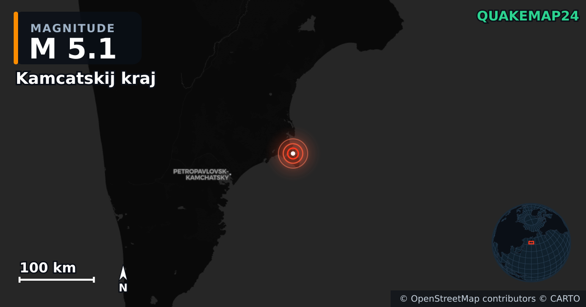 M5.1 earthquake near Kamcatskij kraj on Sep 26, 2025 — map of epicenter and shaking intensity | QuakeMap24