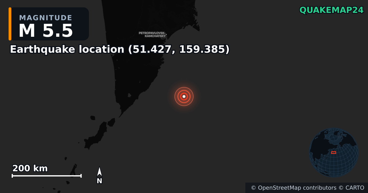 M5.5 earthquake near Earthquake location (51.427, 159.385) on Sep 3, 2025 — map of epicenter and shaking intensity | QuakeMap24