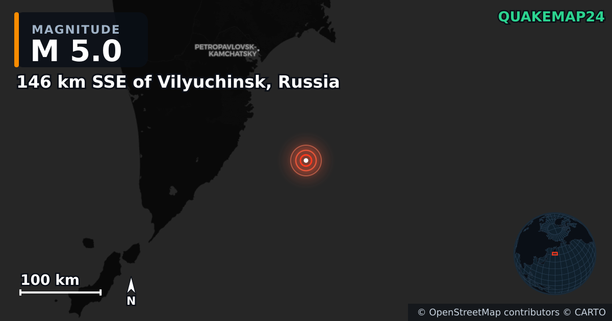 M5.0 earthquake near 146 km SSE of Vilyuchinsk, Russia on Oct 5, 2025 — map of epicenter and shaking intensity | QuakeMap24