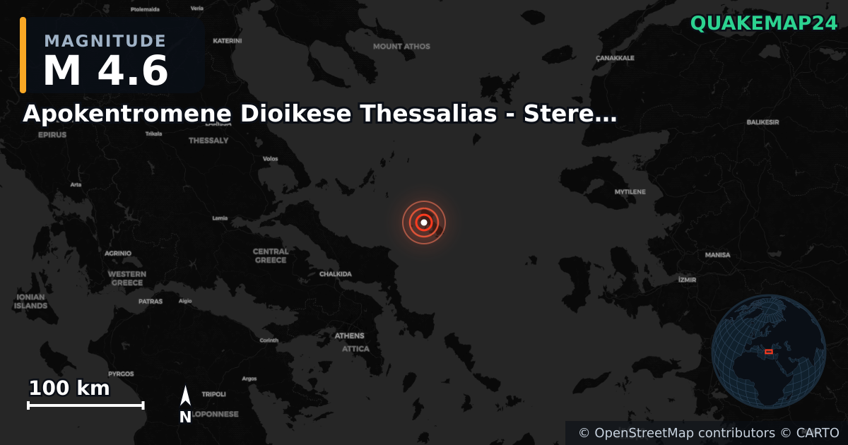 M4.6 earthquake near Apokentromene Dioikese Thessalias - Stereas Ellados on Nov 17, 2025 — map of epicenter and shaking intensity | QuakeMap24
