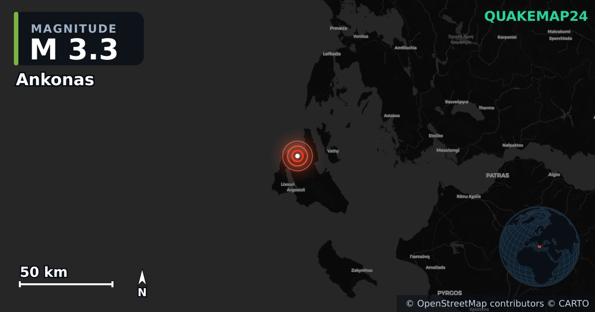 M3.3 earthquake near Ankonas on Sep 18, 2025 — map of epicenter and shaking intensity | QuakeMap24