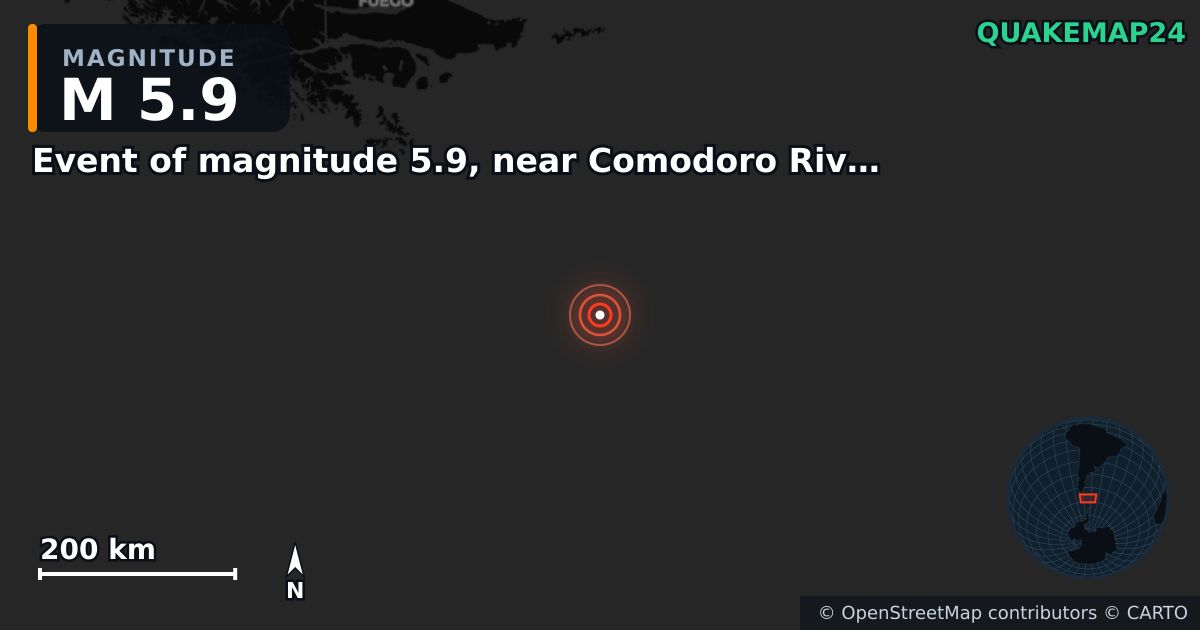 M5.9 Earthquake near Event of magnitude 5.9, near Comodoro Rivadavia (Monde) · 2026-07-07 — Map showing the location of the epicenter