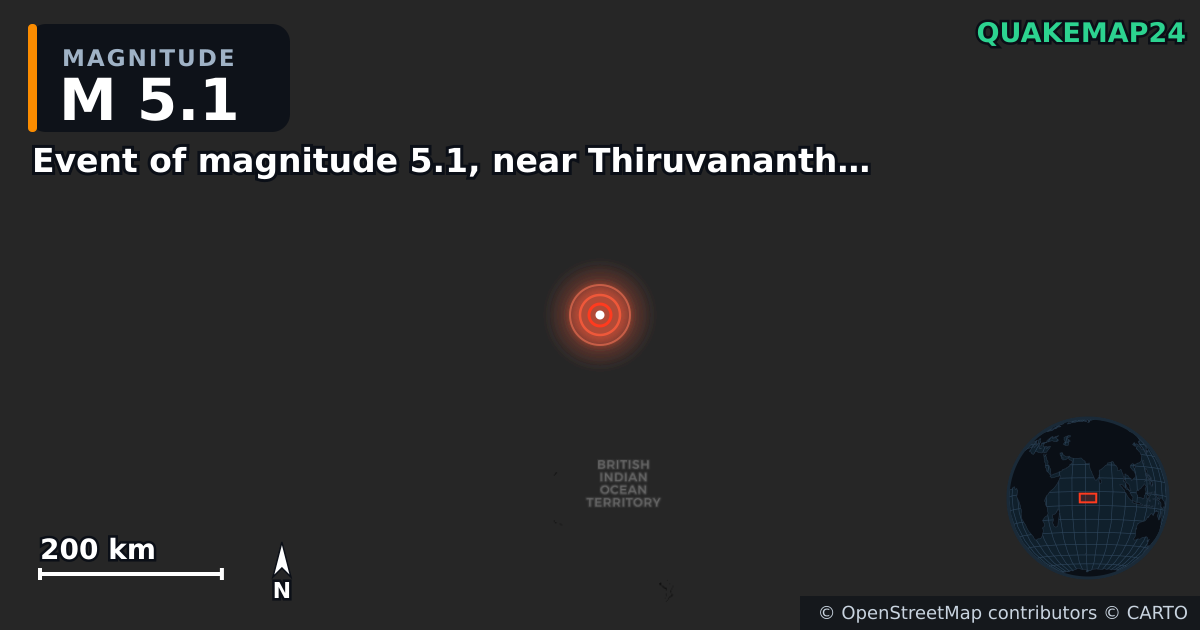 M5.1 earthquake near Event of magnitude 5.1, near Thiruvananthapuram (Monde) on Jul 20, 2026 — map of epicenter and shaking intensity | QuakeMap24