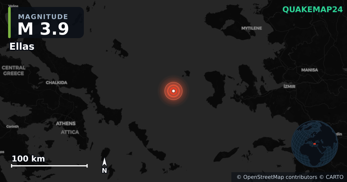 M3.9 earthquake near Ellas on Jan 17, 2026 — map of epicenter and shaking intensity | QuakeMap24