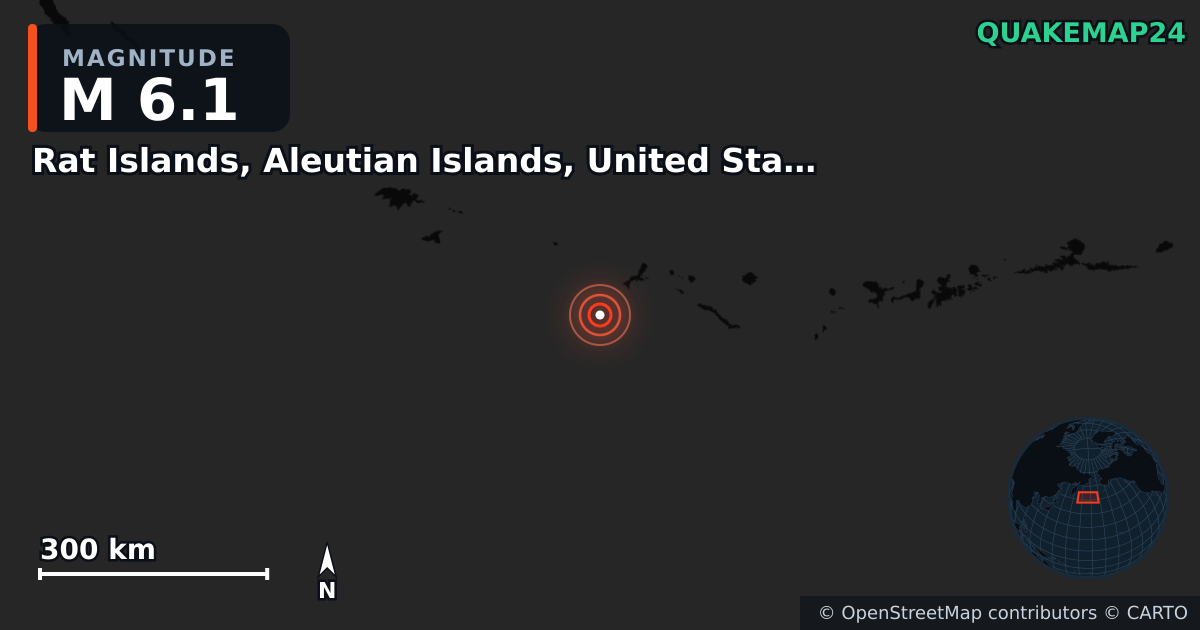 M6.1 earthquake near Rat Islands, Aleutian Islands, United States [Sea: United States] on Jan 15, 2026 — map of epicenter and shaking intensity | QuakeMap24