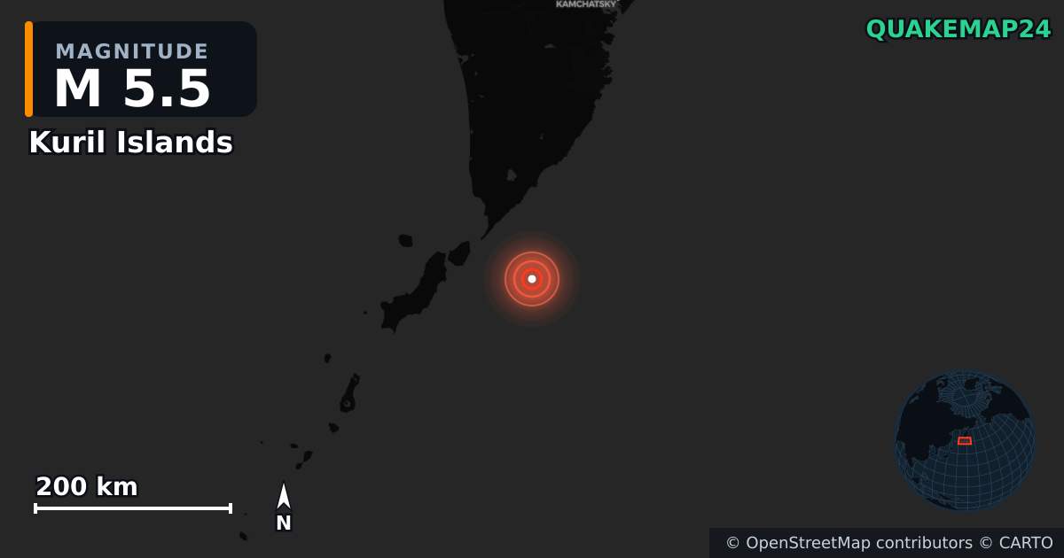 M5.5 earthquake near Kuril Islands on Oct 28, 2025 — map of epicenter and shaking intensity | QuakeMap24