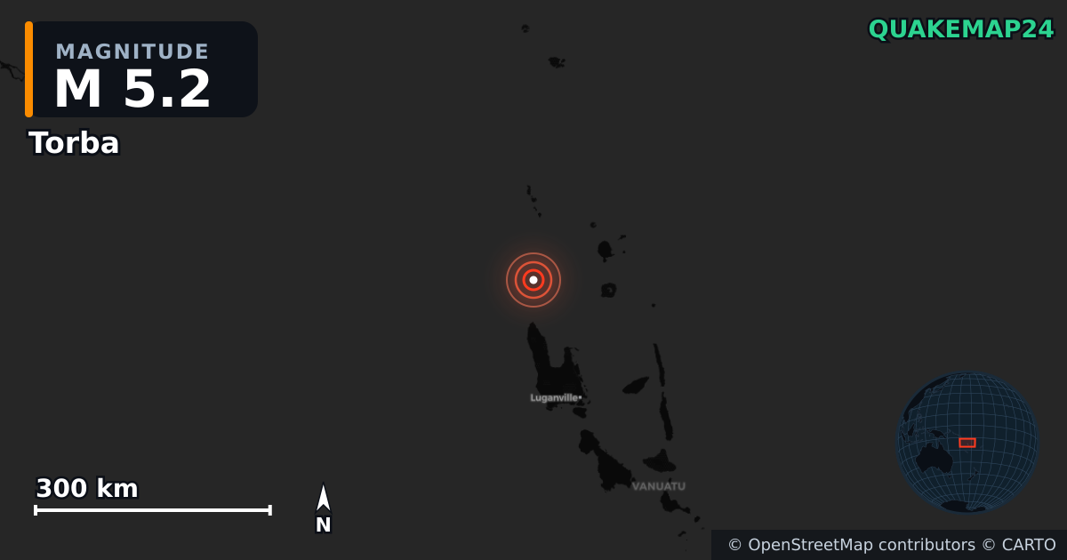 M5.2 earthquake near Torba on Feb 18, 2026 — map of epicenter and shaking intensity | QuakeMap24