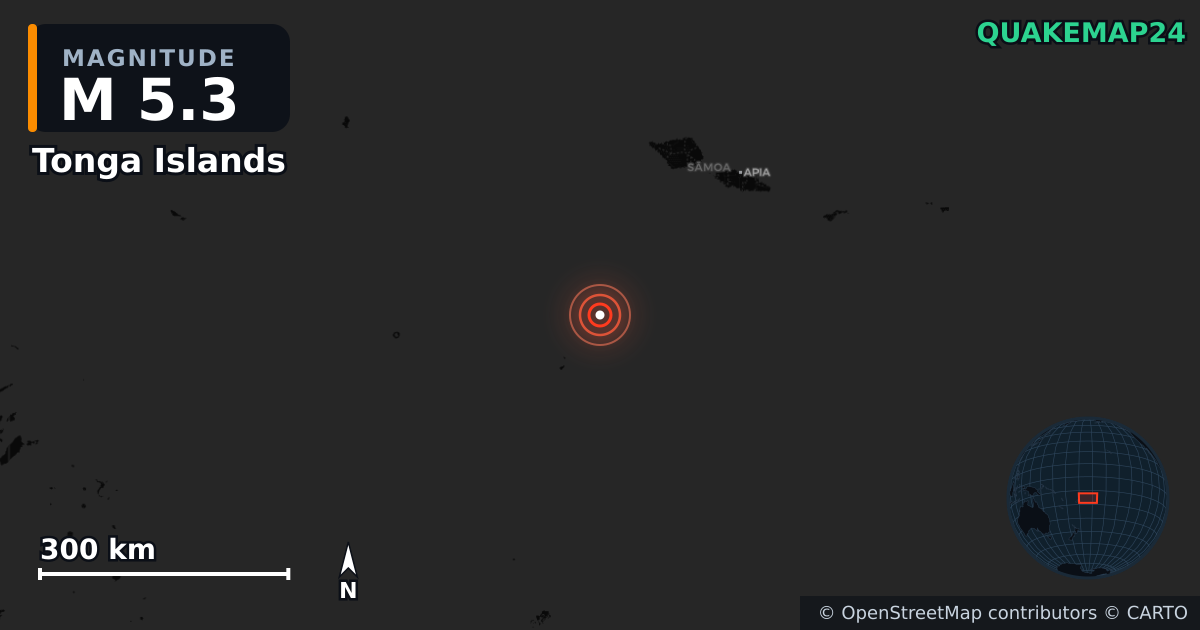 M5.3 earthquake near Tonga Islands on Jul 6, 2025 — map of epicenter and shaking intensity | QuakeMap24